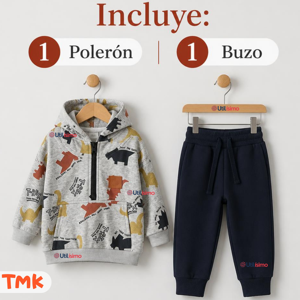 Conjunto 2 Piezas Polerón con Capucha y Pantalón 100% Algodón Bebé Niño Gray Dinosaur