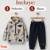 Conjunto 2 Piezas Polerón con Capucha y Pantalón 100% Algodón Bebé Niño Gray Dinosaur