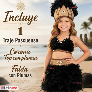 Traje Pascuense Típico Negro Con Plumas 3 Piezas Niña Rapa Nui Fiestas Patrias
