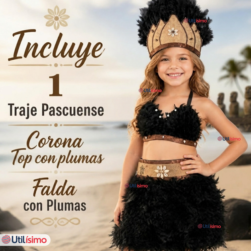 Traje Pascuense Típico Negro Con Plumas 3 Piezas Niña Rapa Nui Fiestas Patrias