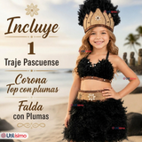 Traje Pascuense Típico Negro Con Plumas 3 Piezas Niña Rapa Nui Fiestas Patrias