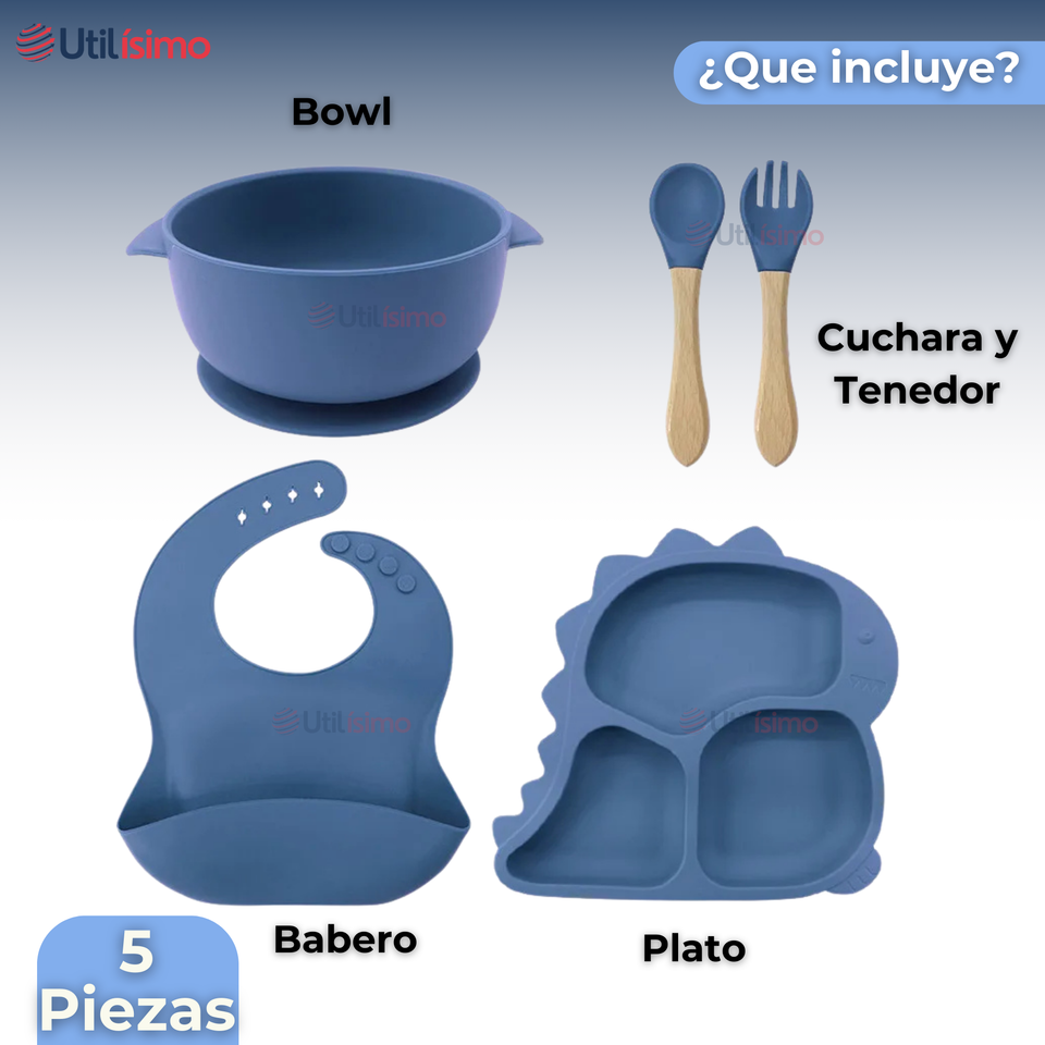Set De Alimentación Bebé Silicona 5 Piezas Dinosaurio Libre BPA