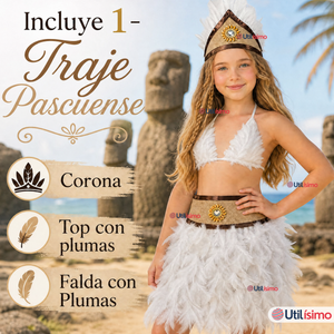 Traje Pascuense Típico Blanco Con Plumas 3 Piezas Juvenil Rapa Nui Fiestas Patrias