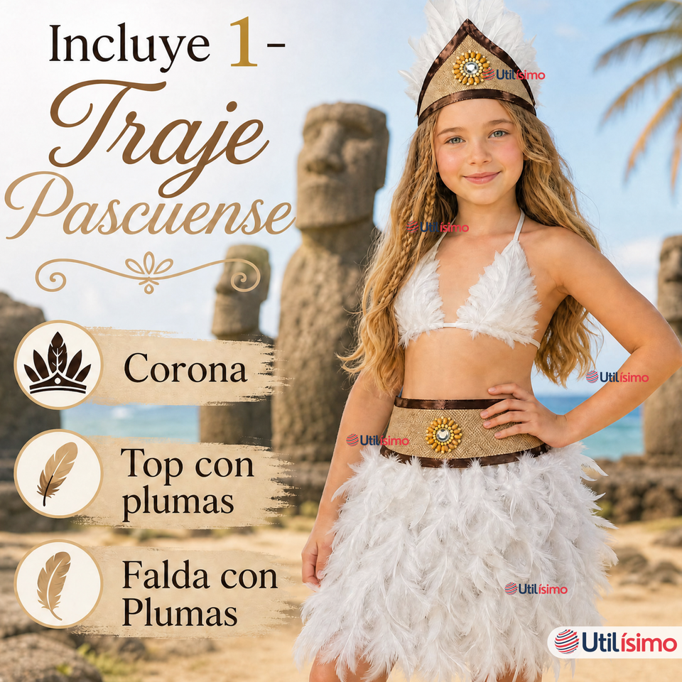 Traje Pascuense Típico Blanco Con Plumas 3 Piezas Juvenil Rapa Nui Fiestas Patrias