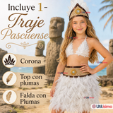 Traje Pascuense Típico Blanco Con Plumas 3 Piezas Juvenil Rapa Nui Fiestas Patrias