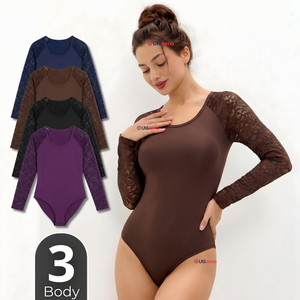 Pack 3 Bodys Cuello Redondo Manga Larga Con Encaje Bambú Mujer Colores Surtidos