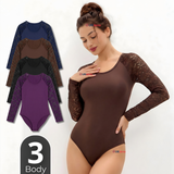 Pack 3 Bodys Cuello Redondo Manga Larga Con Encaje Bambú Mujer Colores Surtidos