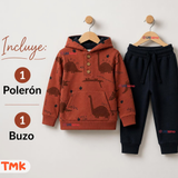 Conjunto 2 Piezas Polerón con Capucha y Pantalón 100% Algodón Bebé Niño Brown Dinosaur