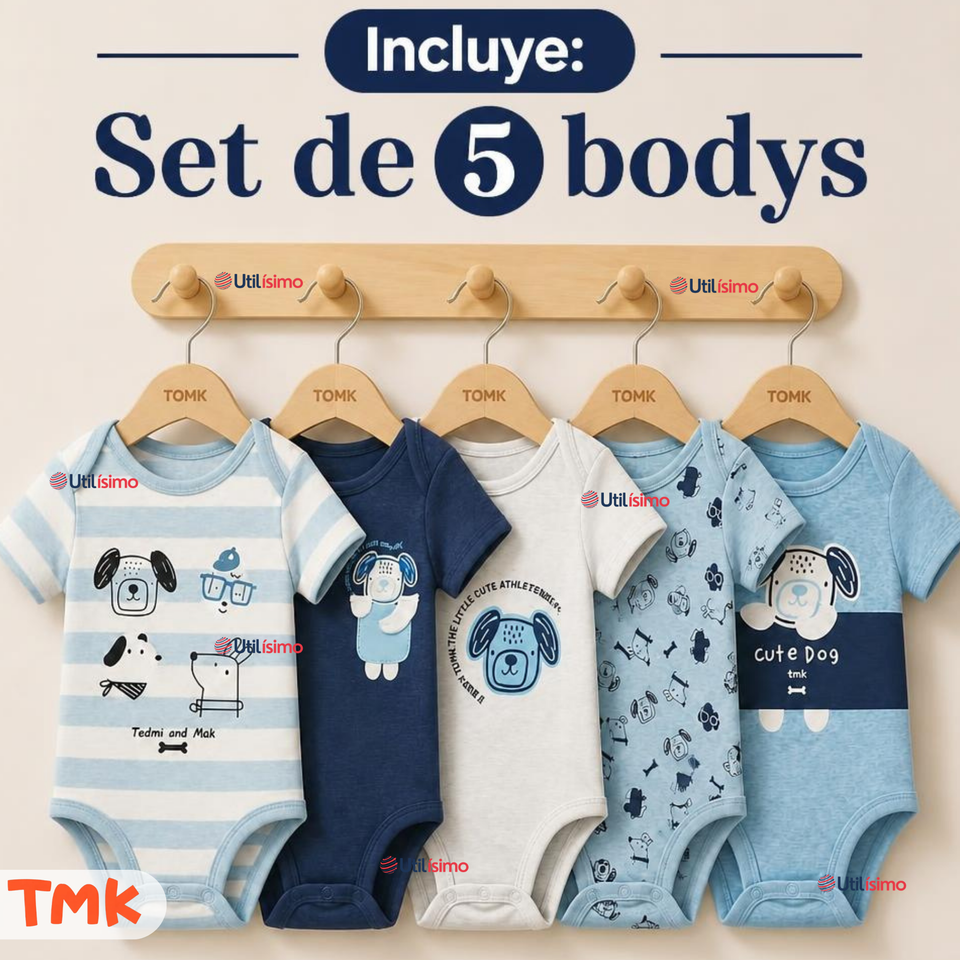 Pack 5 Bodys Manga Corta %100 Algodón Tedmimak Niño Playful Pups