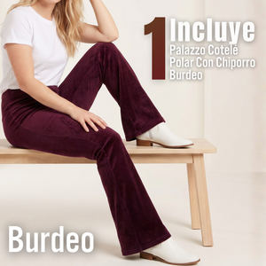 Pantalón Cotelé Palazzo Polar Con Chiporro Elasticado Térmico Burdeo