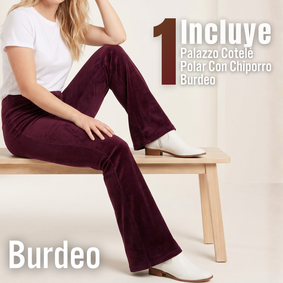 Pantalón Cotelé Palazzo Polar Con Chiporro Elasticado Térmico Burdeo