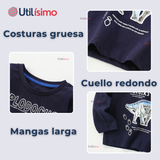 Polera Manga Larga Niño 100% Algodón Dinosaurio Azul Camiseta