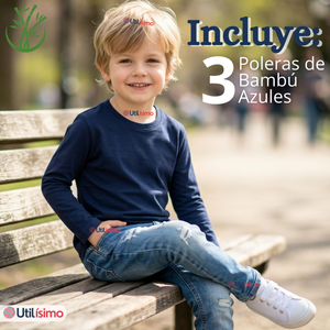 Pack 3 Poleras Camisetas Bambú Azul Oscuro Cuello Redondo Primera Capa Manga Larga Niño