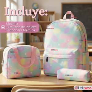 Mochila Escolar + Estuche + Lonchera 40cm Tela Oxford Verde Agua Niña