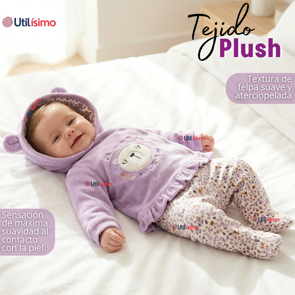 Conjunto 2 Piezas Buzo Pantalón Y Polerón Con Capucha Tela Plush Lila Bebé Niña