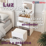 Tocador De Lujo Plegable Con Taburete Y Espejo De luz Ajustable 4 Cajones MDF Blanco  80x40x40cm
