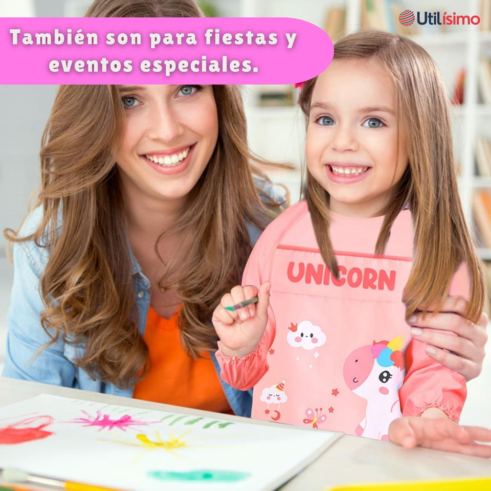 Pack 3 Delantal Infantil Niña Manga Larga Con Bolsillo Colores Surtidos