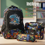 Mochila Escolar Kit Con Estuche y Lonchera 43cm Tela Oxford Dino Niño