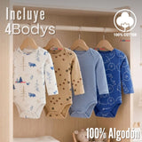 Pack 4 Bodys Manga Larga 100% Algodón Tedmimak Sweet Nature Bebé Niño
