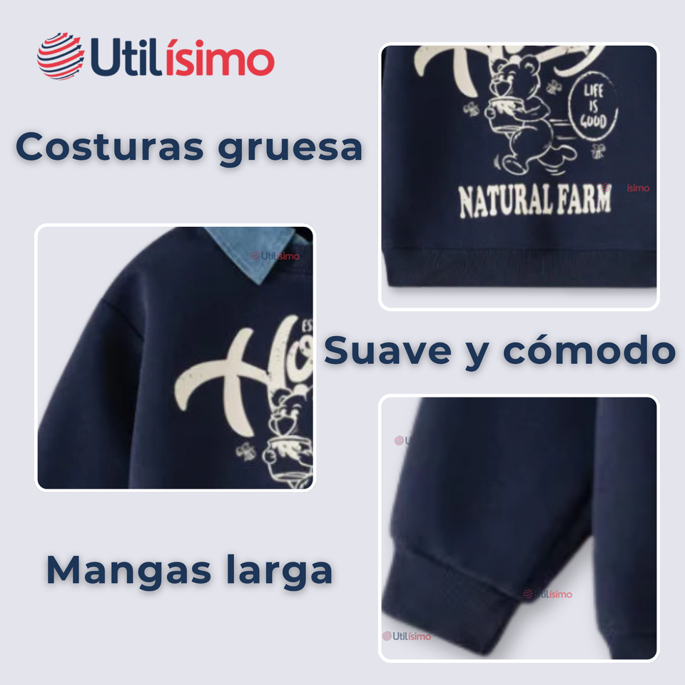 Polerón Estilo Pique Manga Larga Niño 100% Algodón Azul