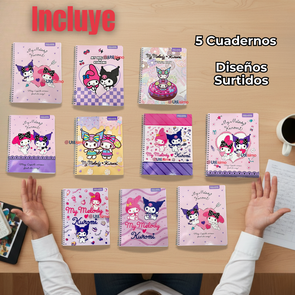 Pack 5 Cuadernos Universitario My Melody & Kuromi Proarte 7mm 100 Hojas Diseños Surtidos