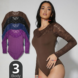 Pack 3 Body Manga Larga Con Encaje Bambú Mujer Colores Surtidos