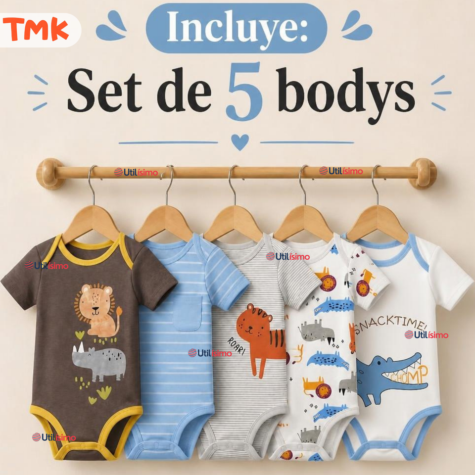 Pack 5 Bodys Manga Corta %100 Algodón Tedmimak Niño Jungle Crew