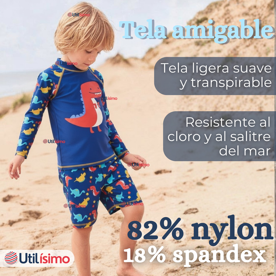 Traje de Baño Manga Larga Pantalón Corto 2 Piezas Corte Split Niño 3 a 9 años Blue Dinosaur