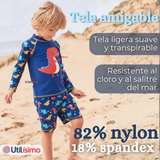 Traje de Baño Manga Larga Pantalón Corto 2 Piezas Corte Split Niño 3 a 9 años Blue Dinosaur