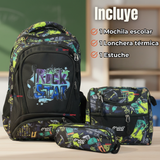 Mochila Escolar Kit Con Estuche y Lonchera 43cm Tela Oxford Rock Star Niño