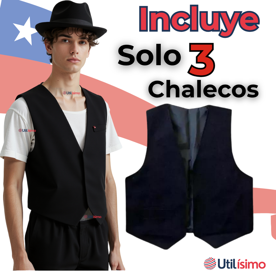 Pack 3 Chaleco Bolero Nortino Juvenil Fiestas Patrias Negro