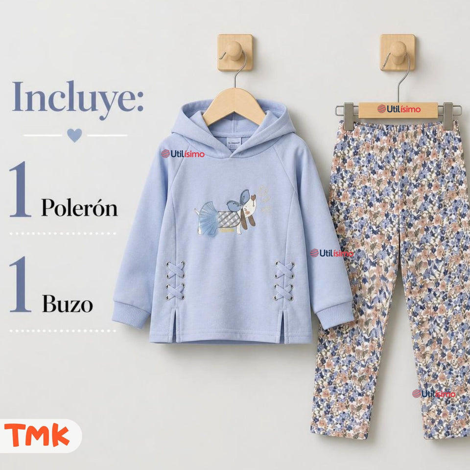 Conjunto 2 Piezas Polerón con Capucha y Buzo 100% Algodón Niña Tedmimak Blue Puppy