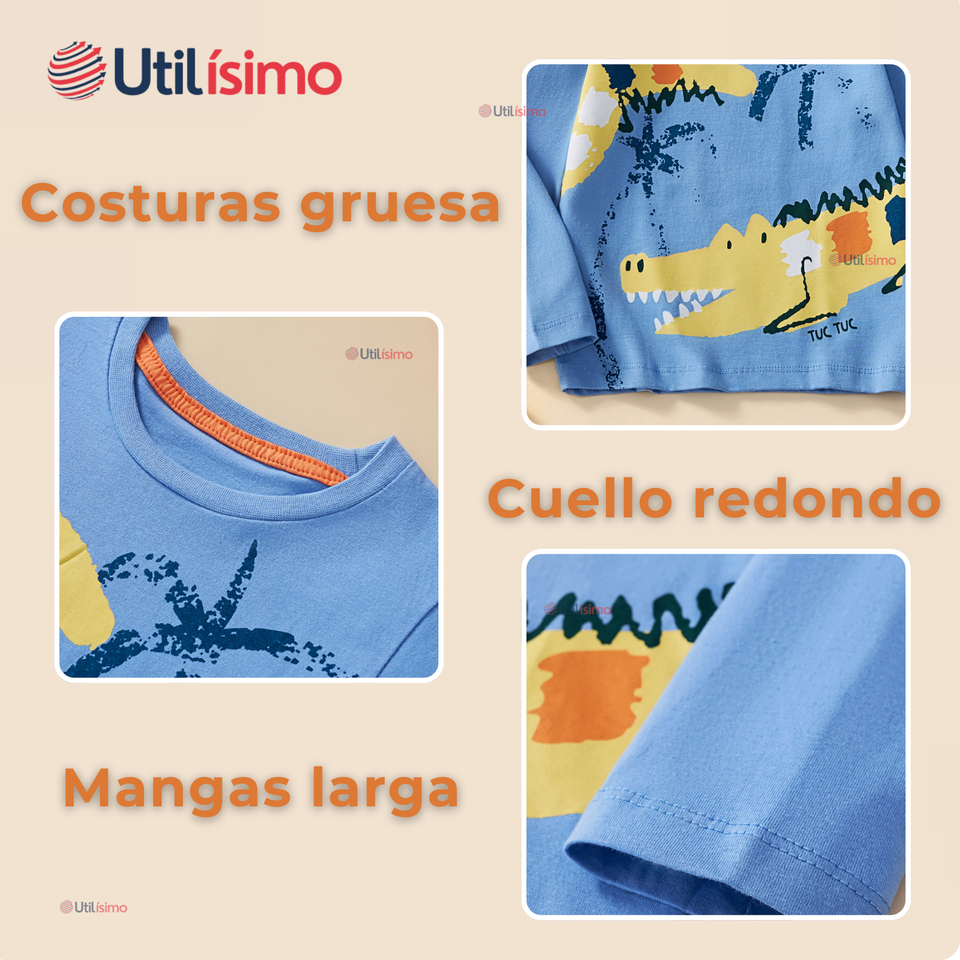 Polera Manga Larga Niño 100% Algodón Cocodrilo Azul Camiseta