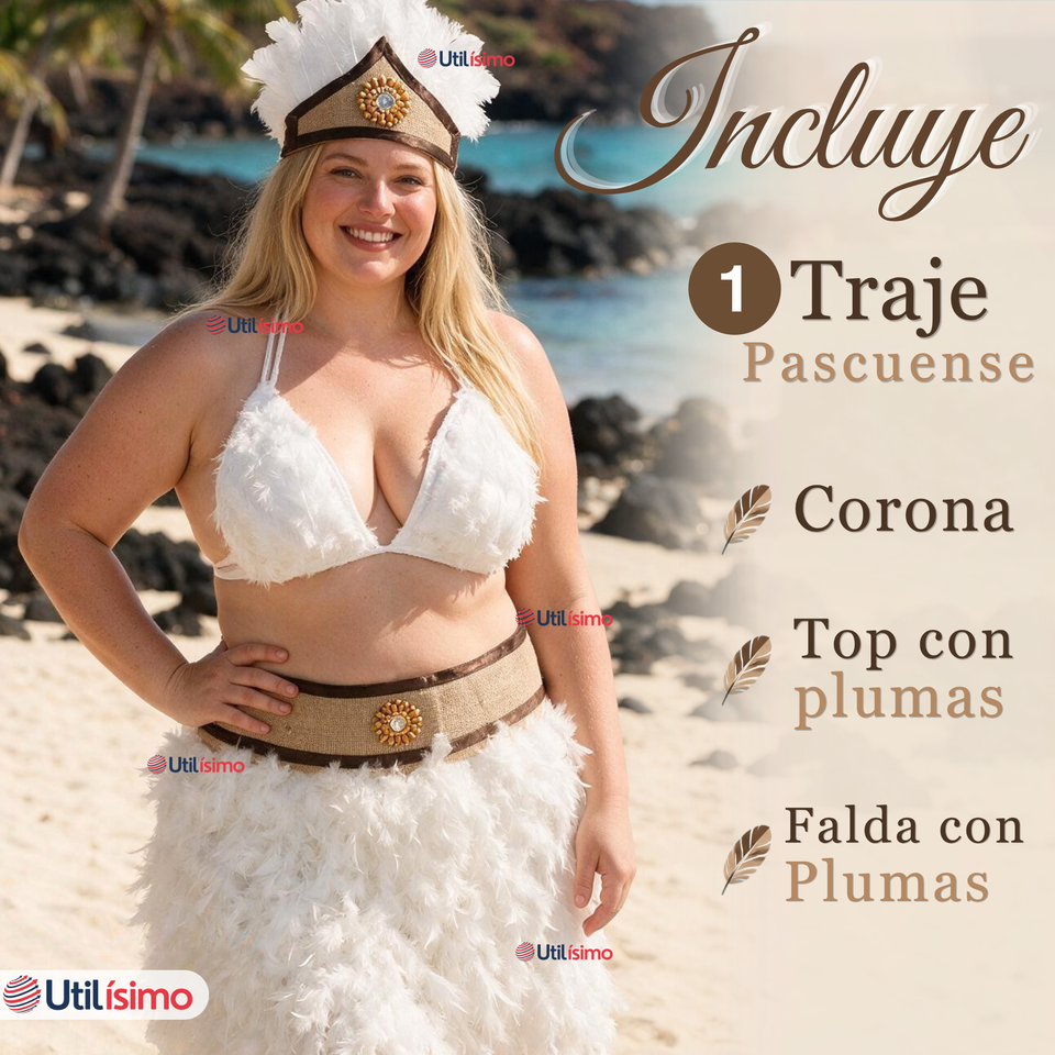 Traje Pascuense Típico Blanco Con Plumas 3 Piezas Juvenil Rapa Nui Fiestas Patrias