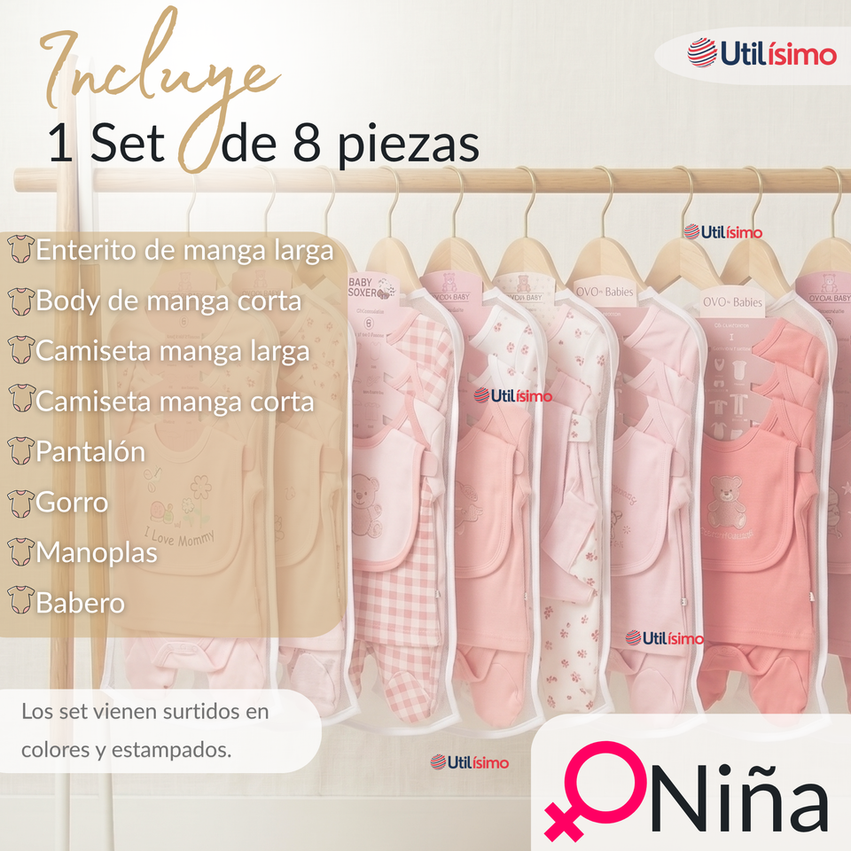 Set Ajuar Bebé 8 Piezas Surtido NIÑA 100% Algodón