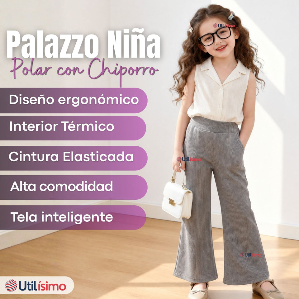 Calza Palazzo Niña Polar Con Chiporro Elasticada Térmica Gris Melange