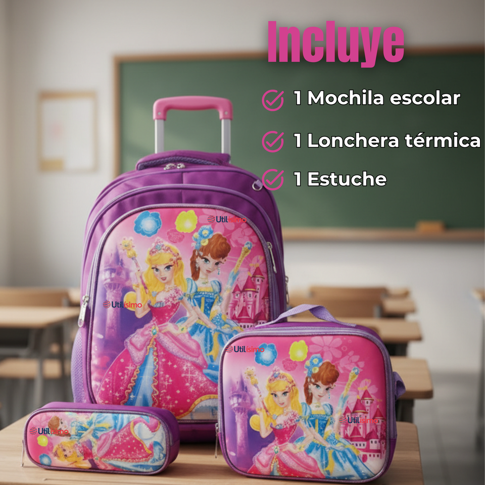 Mochila Escolar Con Ruedas + Estuche + Lonchera Poliéster Princesas Niña