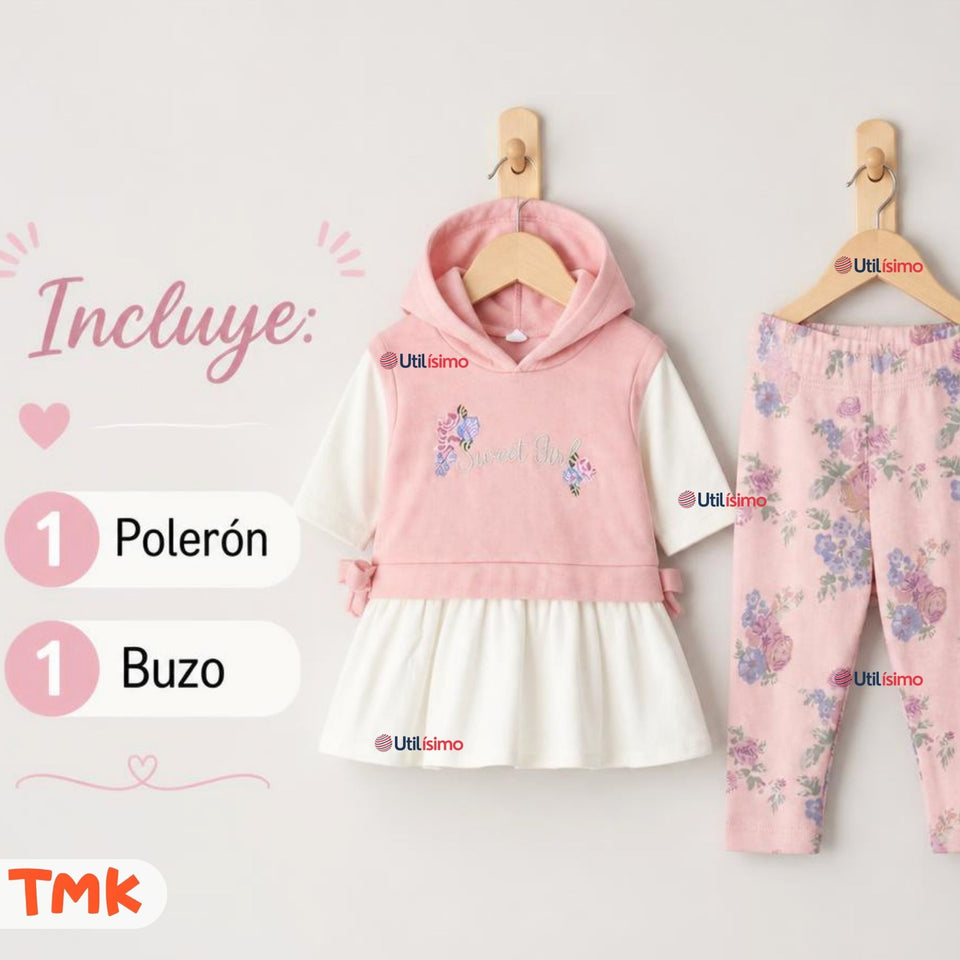 Conjunto 2 Piezas Polerón con Capucha y Pantalón 100% Algodón Bebé Niña Tedmimak Sweet flowers