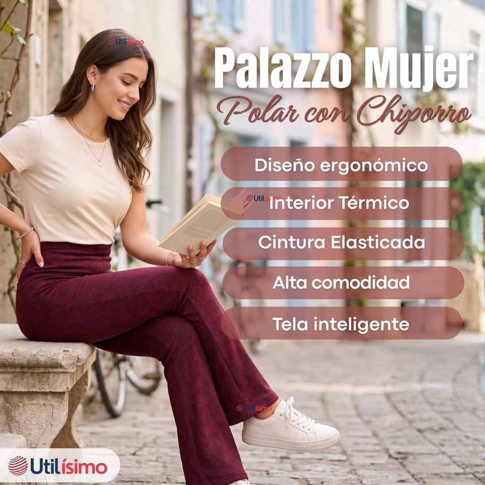 Calza Polar Con Chiporro Palazzo Mujer Elasticada Térmica Burdeo Jeans