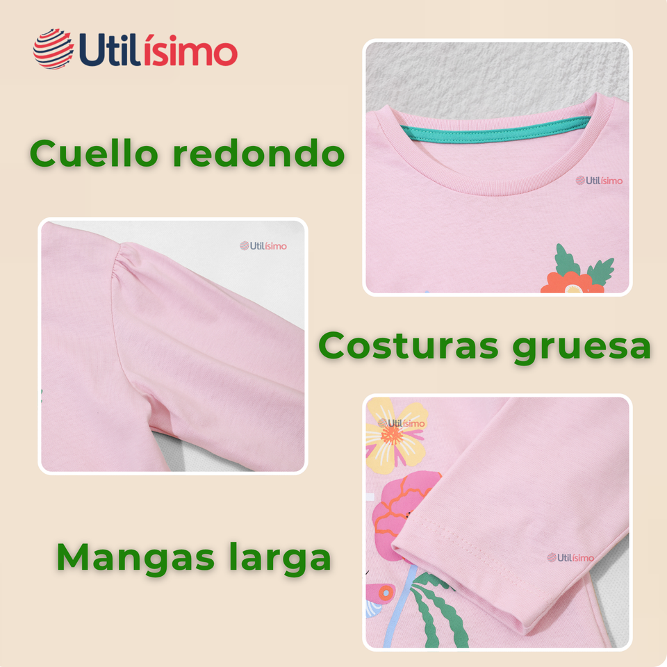 Polera Manga Larga Niña 100% Algodón Flores Rosado Camiseta