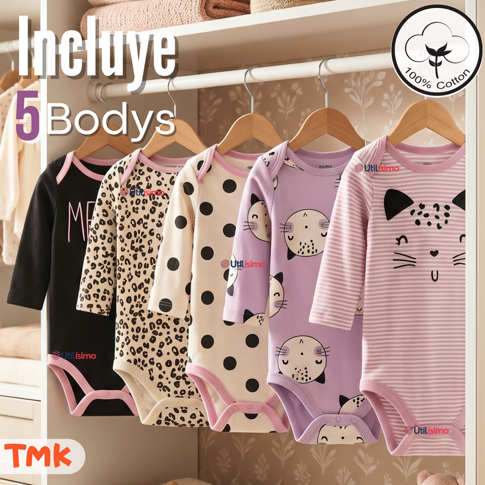 Pack 5 Bodys Manga Larga 100% Algodón Tedmimak Lilac Cats Bebé Niña
