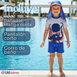 Traje de Baño Con Gorro Pantalón Corto Manga Corta 3 Piezas Corte Split Niño 1 a 5 años Blue Octopus