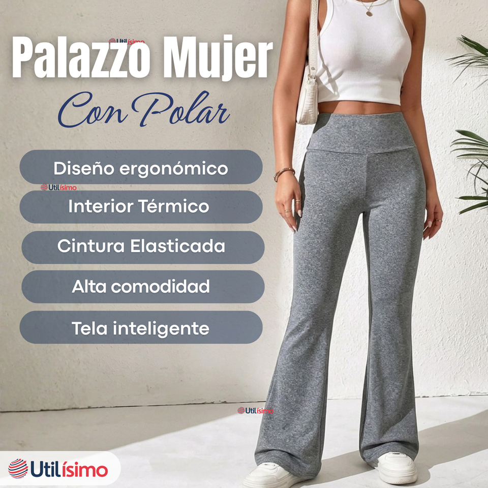 Calza Polar Con Chiporro Palazzo Mujer Elasticada Térmica Gris Melange