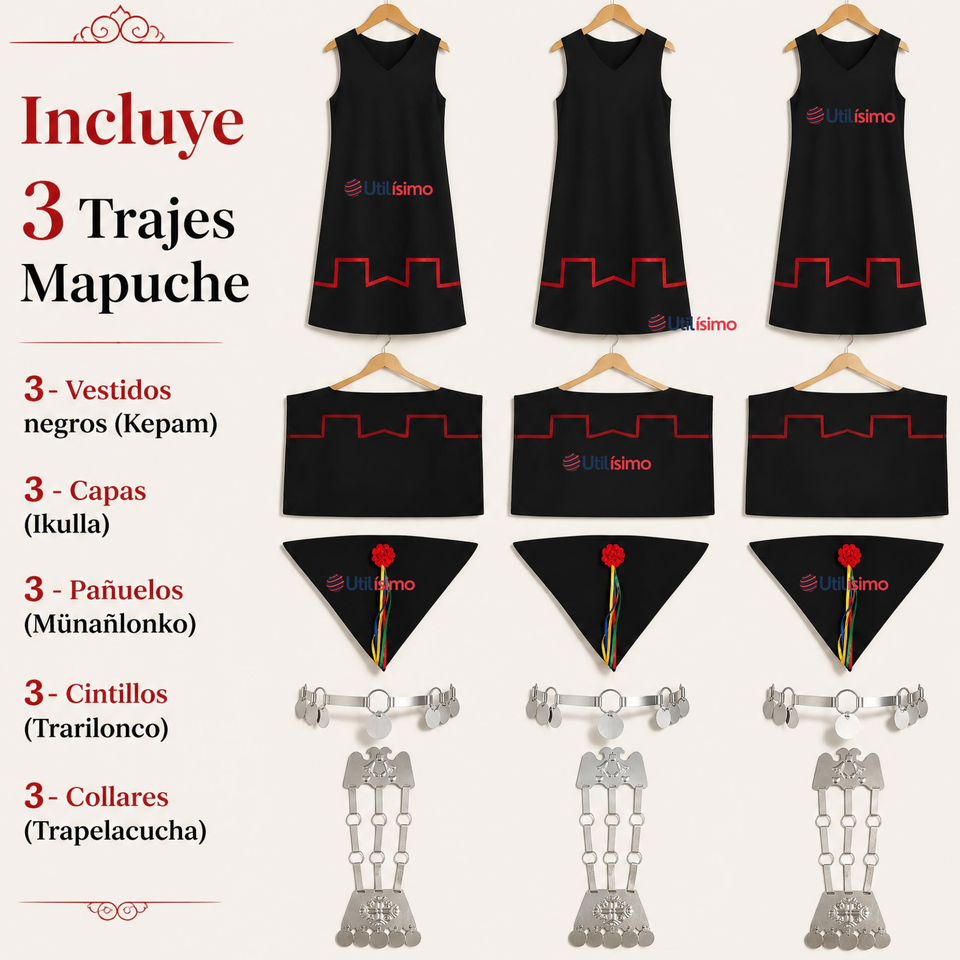 Pack 3 Trajes Típicos Vestido Mapuche Completo 5 Piezas Mujer Fiestas Patrias