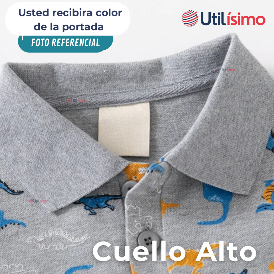 Polera Piqué Manga Larga Niño con Estampado de Dinosaurios Azul