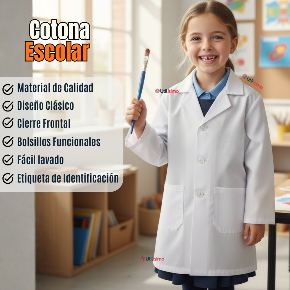Cotona Delantal Escolar Blanca Niño Niña Unisex Bata