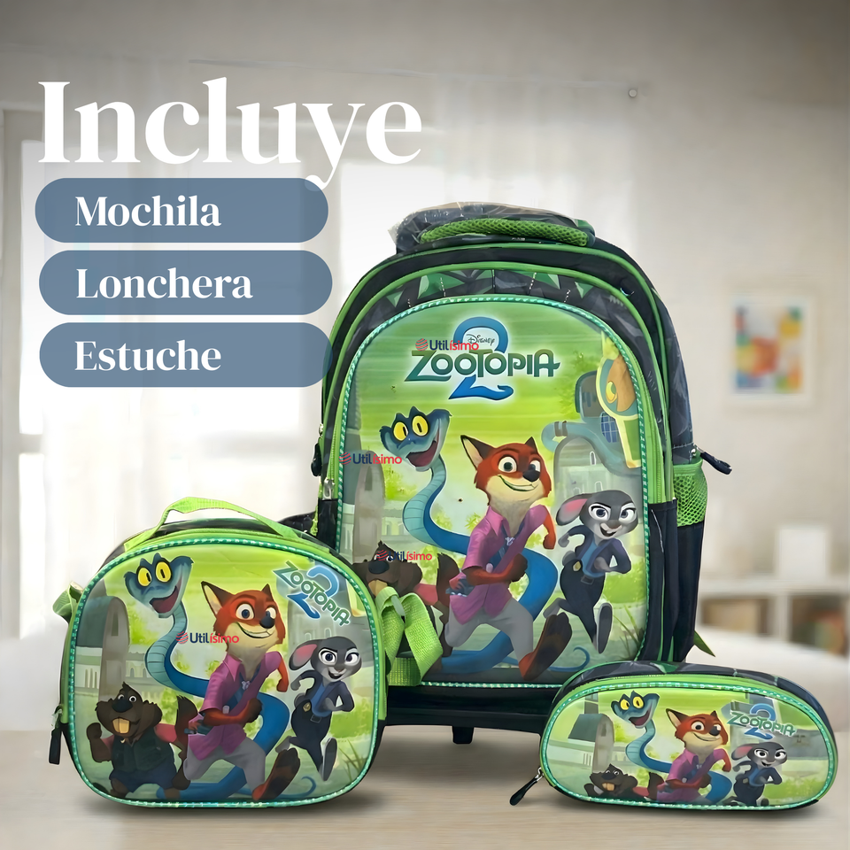 Mochila Escolar Zootopia Con Ruedas Desmontables + Estuche + Lonchera Niño Poliéster