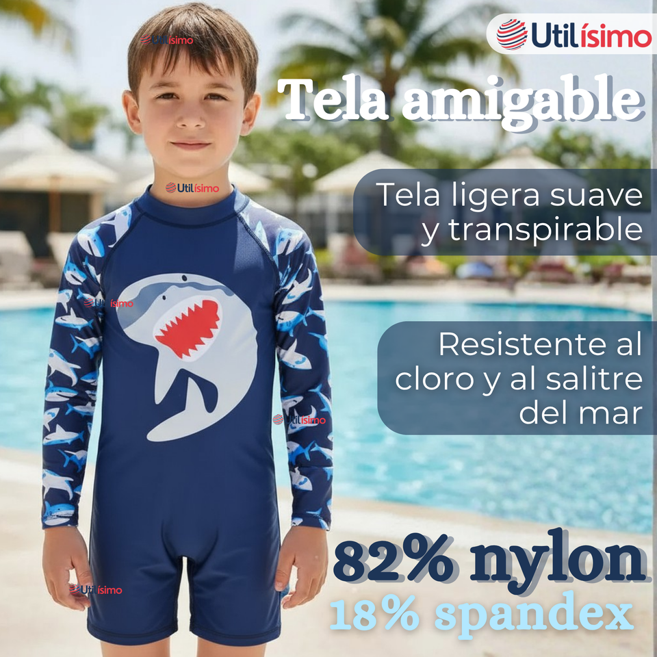 Traje de Baño Enterito Con Cremallera Manga Larga Niño 2 a 6 años Blue Shark