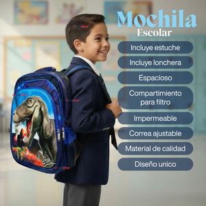 Mochila Escolar Bolso Con Efecto 3D Estuche + Lonchera 40Cm Tela Oxford Niño Dinosaur