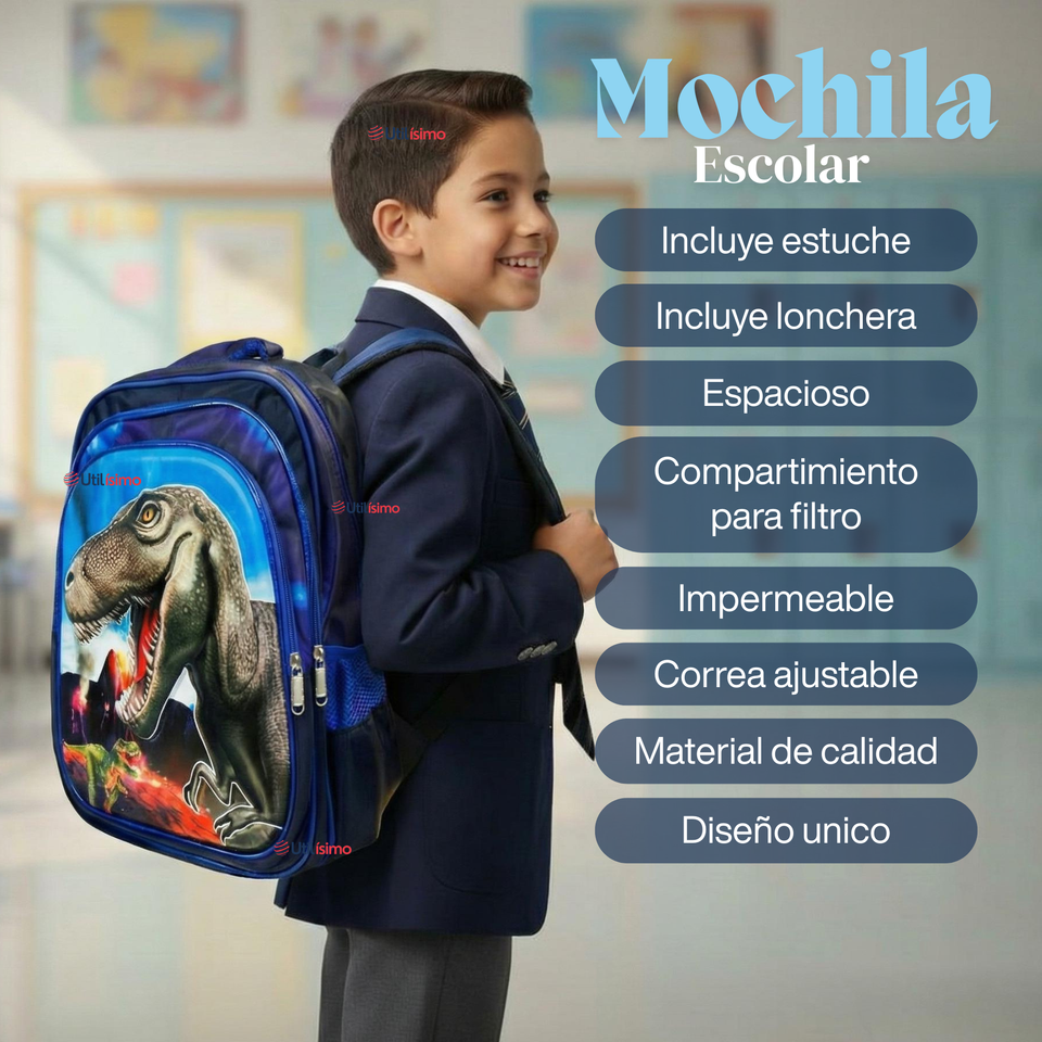 Mochila Escolar Bolso Con Efecto 3D Estuche + Lonchera 40Cm Tela Oxford Niño Dinosaur